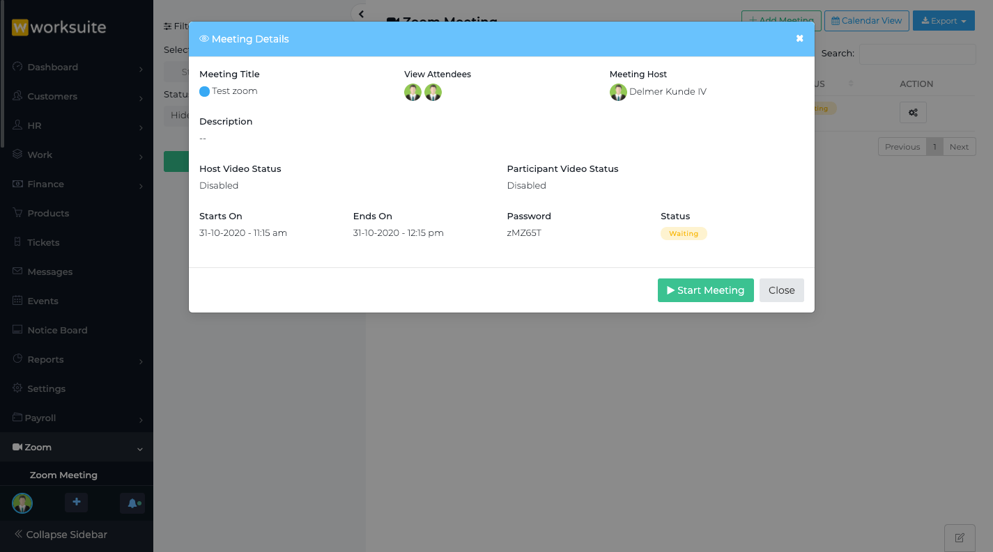 
        Zoom Meeting Module for Worksuite SAAS
      