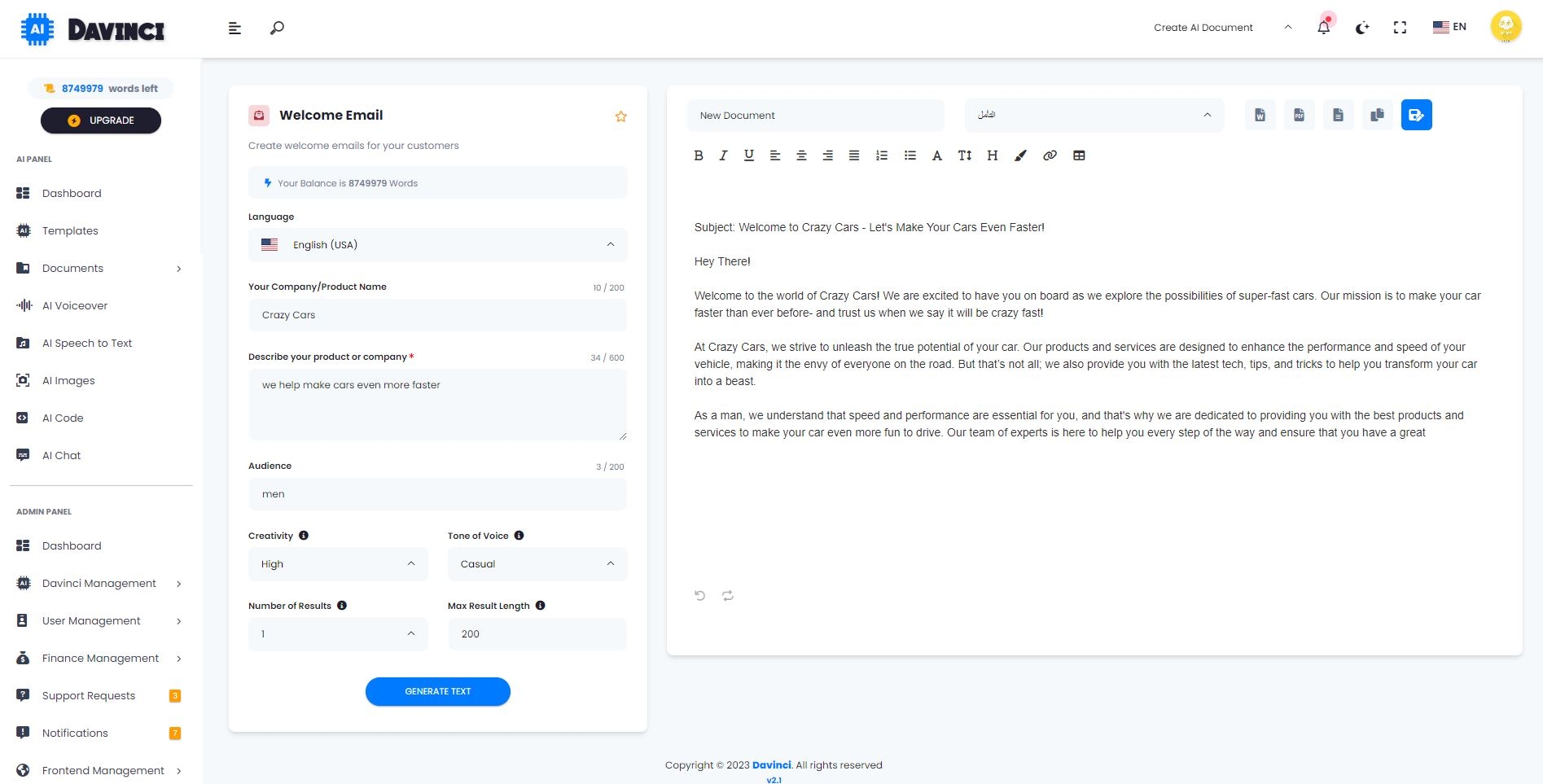 
        OpenAI Davinci - AI Writing Assistant and Content Creator as SaaS
      