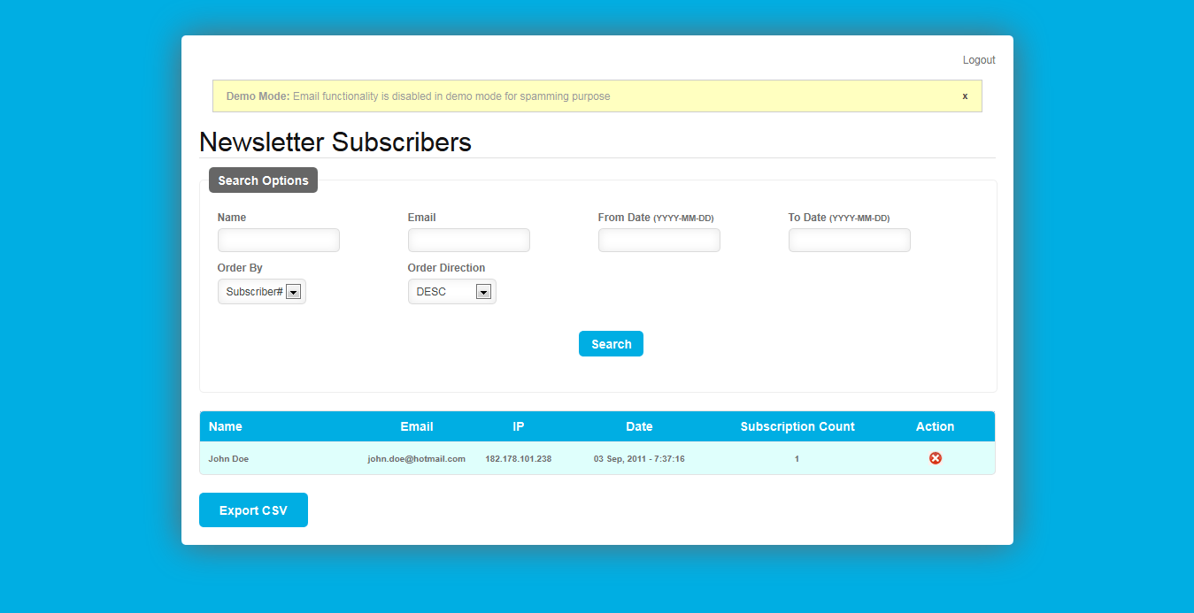 
        Ajax Newsletter Signup - PHP Admin & CSV export
      